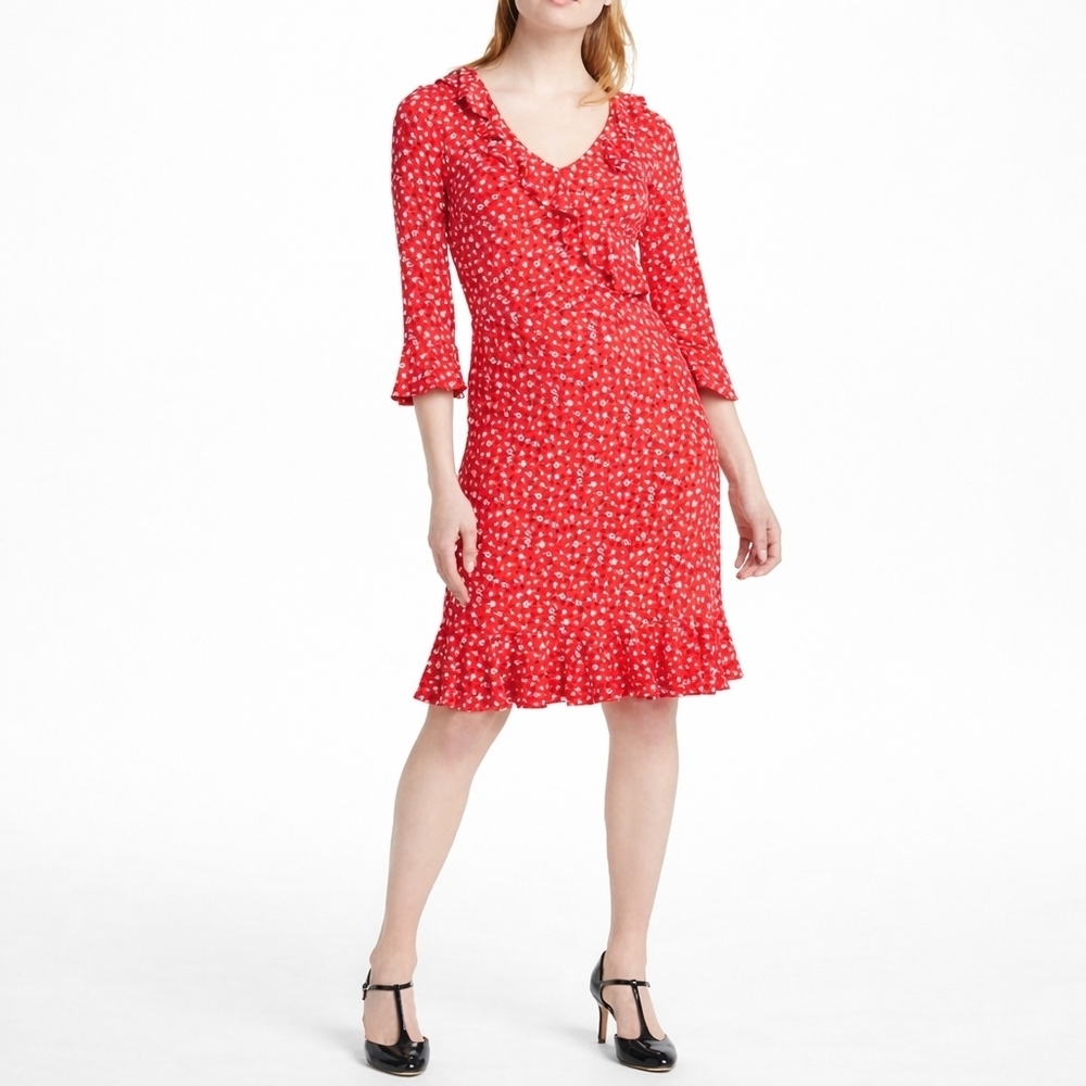 Boden Michaela Jersey Ruffle 3/4 Sleeve Dress in Rosehip Daisy Ditsy US Size 8 - Picture 13 of 13
